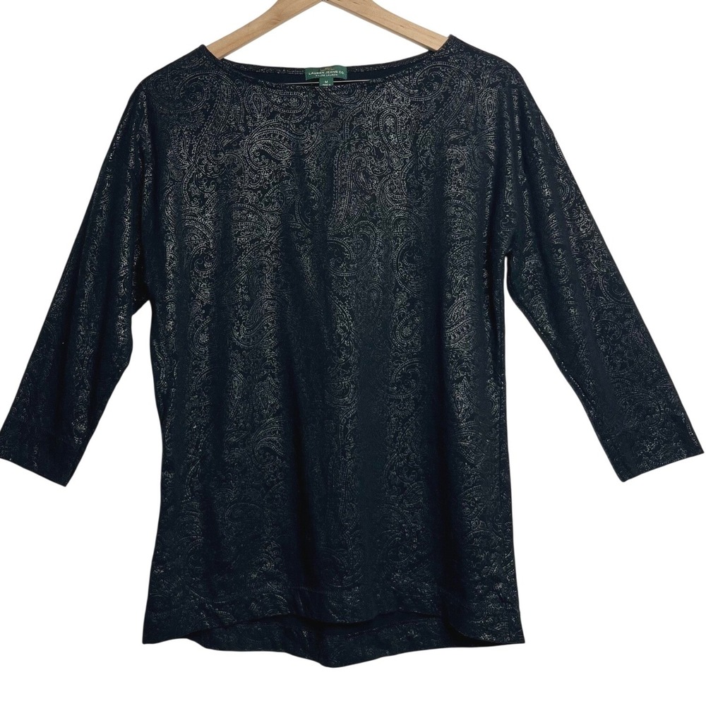 Lauren Ralph Lauren Black Paisley Shimmer Cotton Top 3/4 Sleeve Boat Neck M